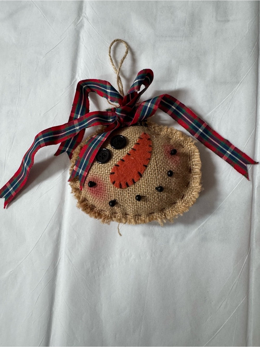 Handmade Burlap Snowman Ornament with Plaid Bow - Rustic Holiday Decor
